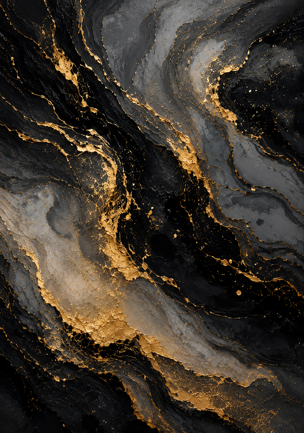 No.128.Midnight Metallic Flow – Luxe Abstract Canvas Zwart Goud