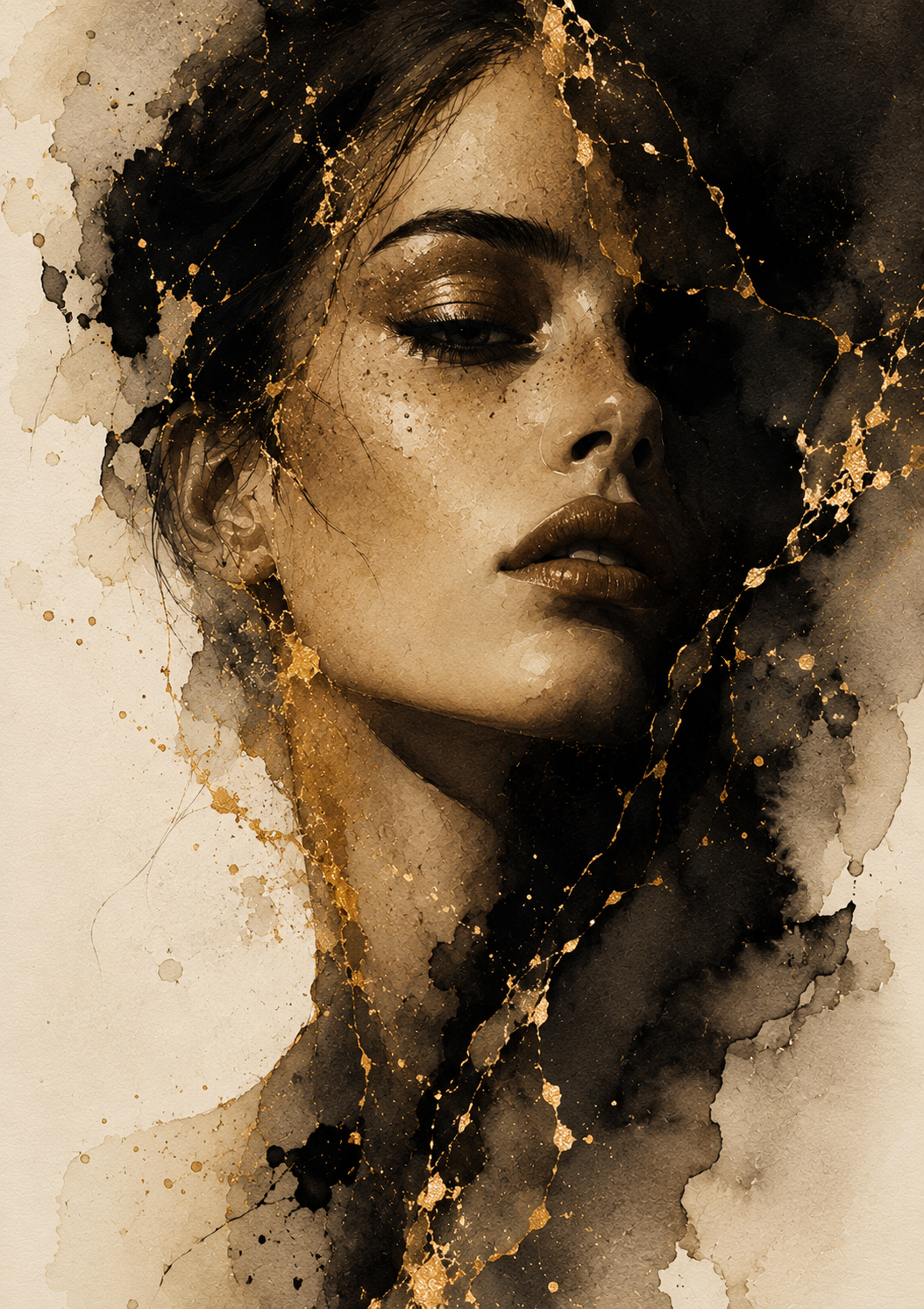 No.166.Golden Echoes II – Luxe Abstract Portret in Zwart en Goud