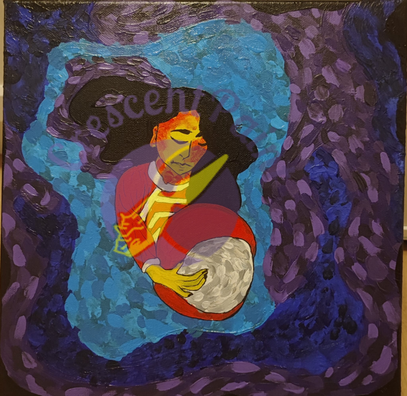 A woman in a red spacesuit is holding her red helmet in her hands. She is surrounded by dabs  of different blue and purple shades to symbolize space. Her black hair is flowing around her like gravity doesn't exist.