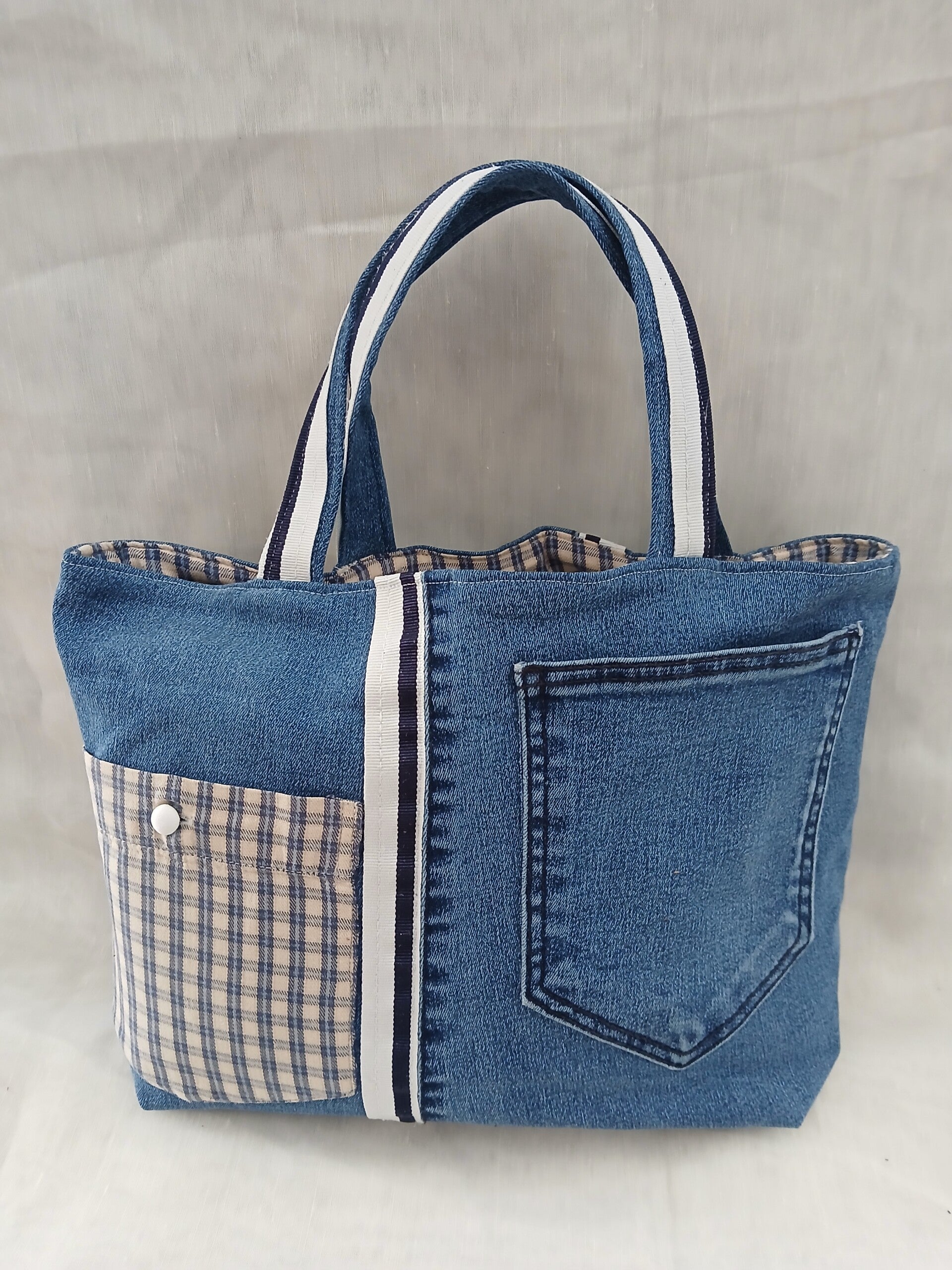 Tote bag jean et carreaux