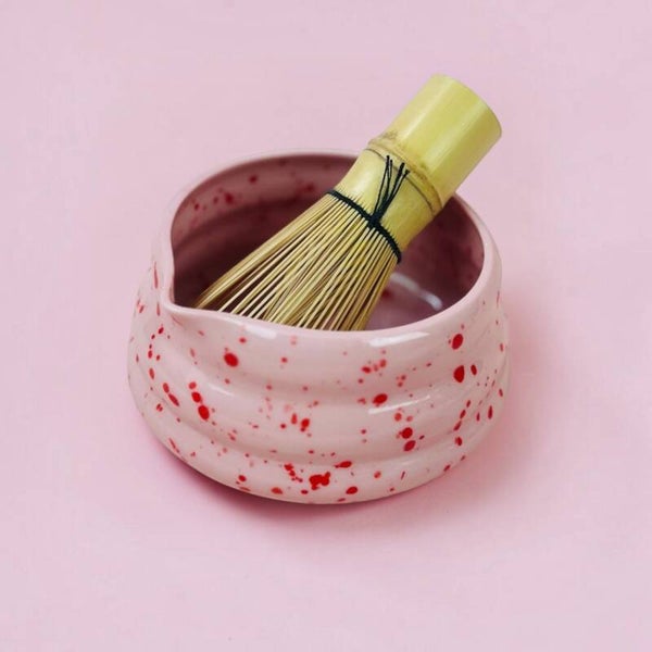 Handgemaakte porseleinen Matcha Bowl – Confetti Roze