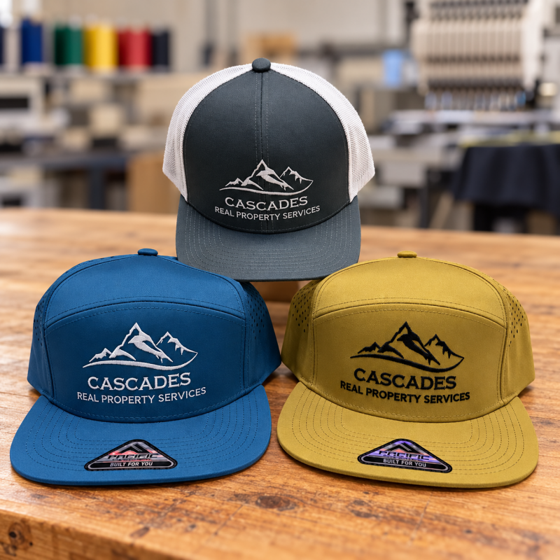 Cascades Real Property Services — custom embroidered business hats in three styles