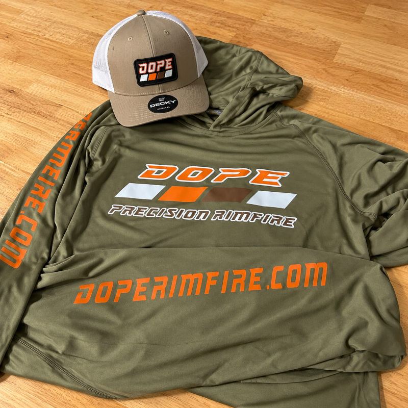 DOPE Precision Rimfire — custom printed hoodie and branded hat