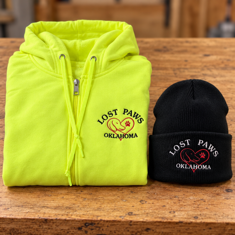 Lost Paws Oklahoma — custom embroidered zip hoodie and beanie