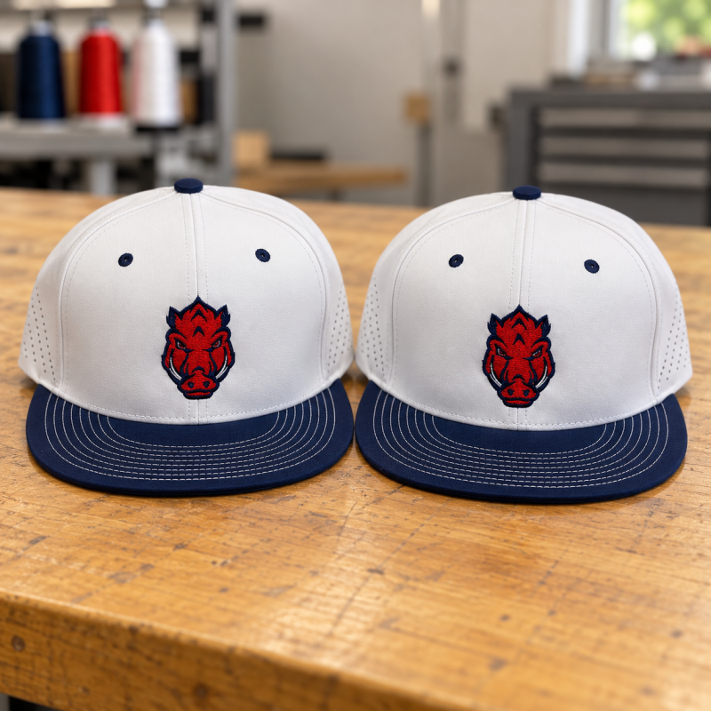 Custom embroidered team hats — red and navy boar logos on white and navy caps