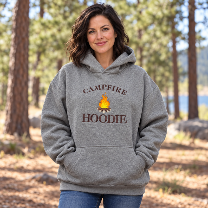 Campfire Hoodie — custom design and embroidery for a business. Shown on a fictional model.