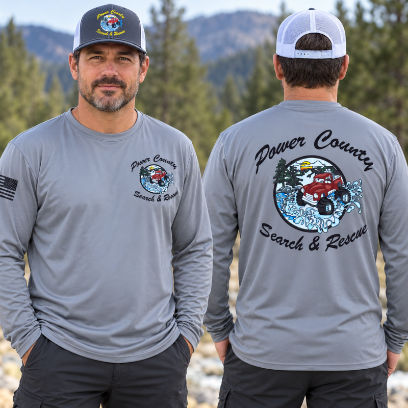 Power County Search &amp; Rescue — custom sublimated shirts and embroidered hat. Front and back shown on a fictional model.