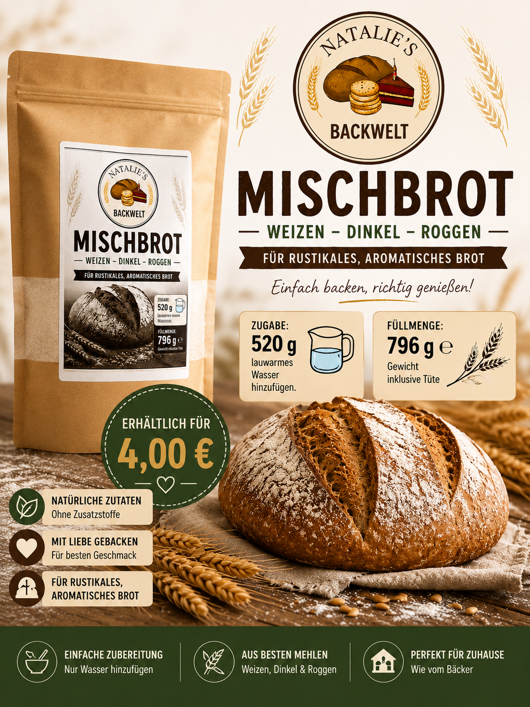 Mischbrot aus Dinkel Roggen und Weizenmehl