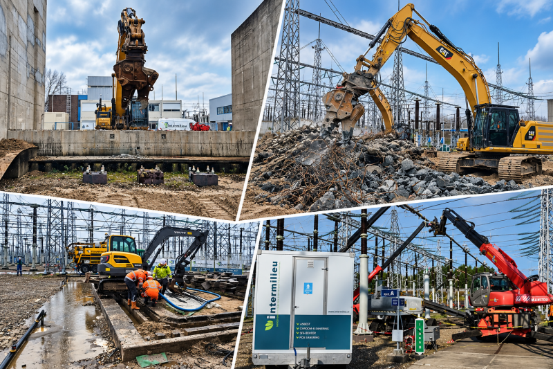 Collage van trillingsarme sloop, sanering en demontage door Intermilieu op het 380 kV-hoogspanningsveld in Diemen