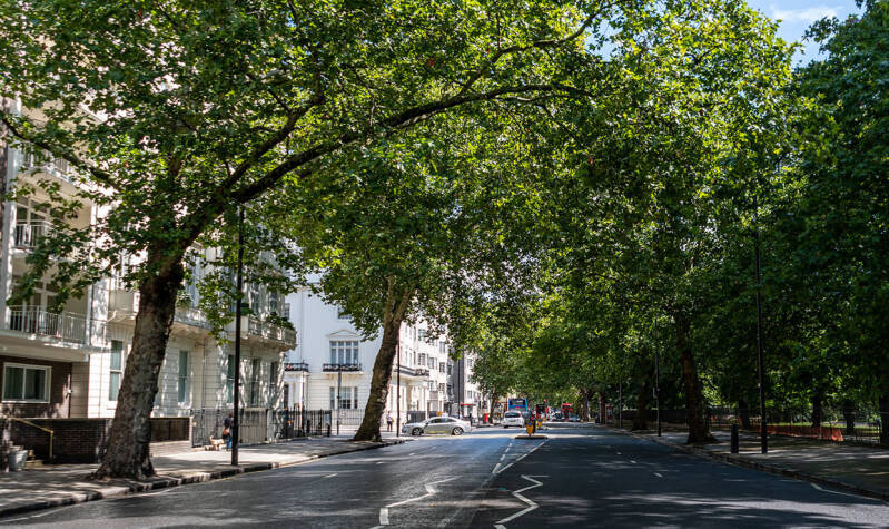 Historic Princes Square with tree-lined streets near Hyde Park, London W2.