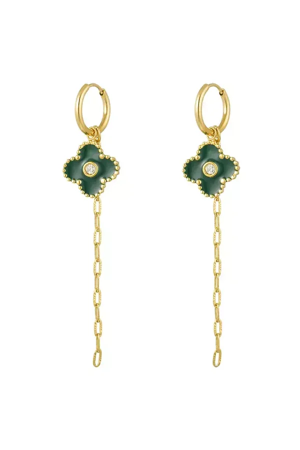 Oorbel klaver met ketting groen - goud