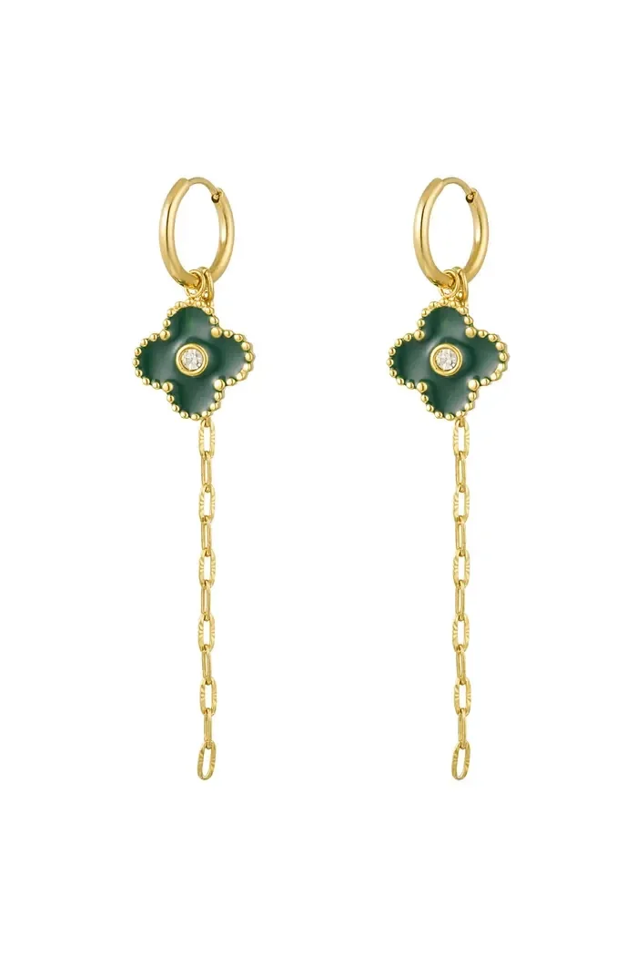 Oorbel klaver met ketting groen - goud