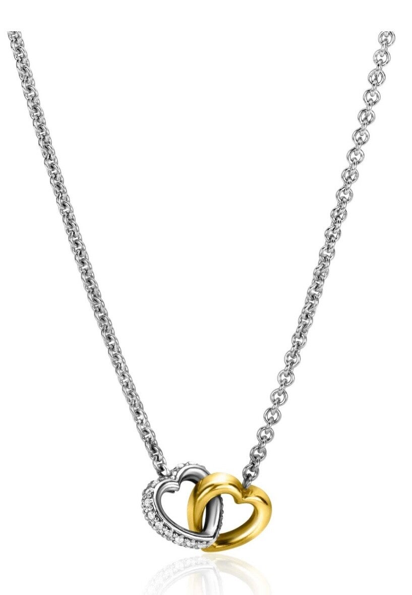 ZINZI zilveren collier bicolor zirconia met 2 hartjes geel verguld Zic2276