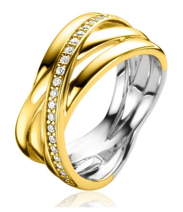ZINZI zilveren luxe cross-over Ring ZIR1790Y Gold Plating witte zirconia's Zir 1790Y