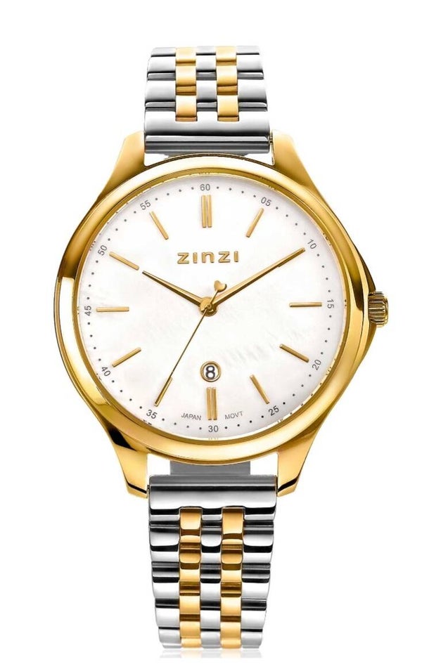 ZINZI horloge JULIA Witte Wijzerplaat goudkleurige stalen kast en band ZIW1034