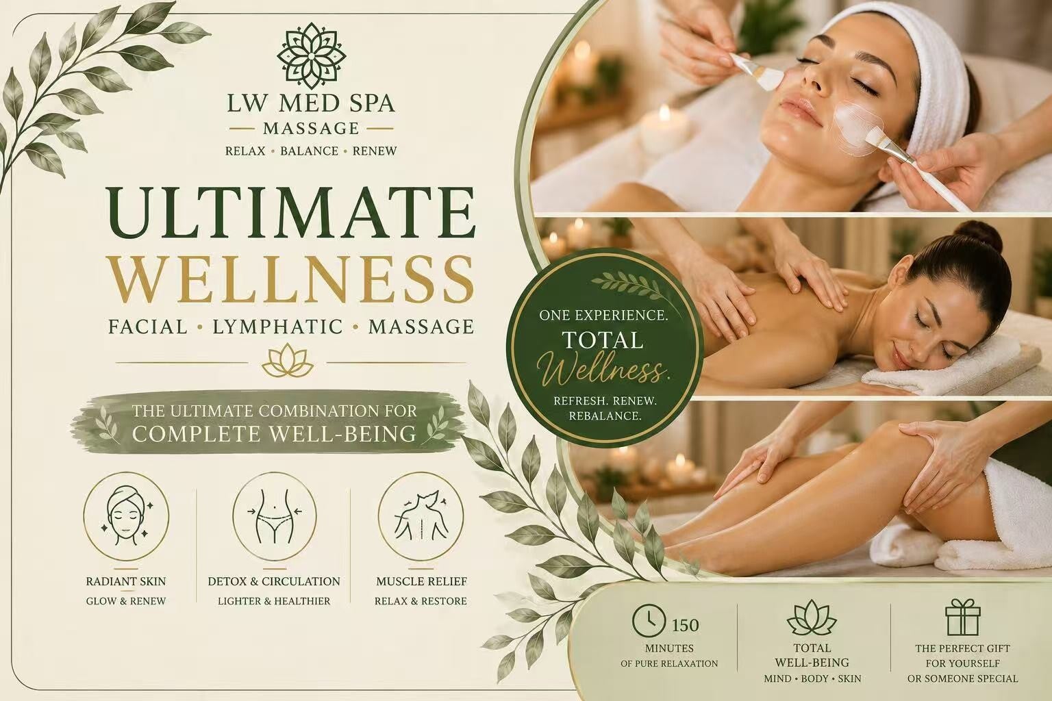 90-minute wellness package with facial care, lymphatic drainage, and full body massage for relaxation, recovery, and circulation support at LW Med Spa Massage in St. Cloud and Lake Nona Florida