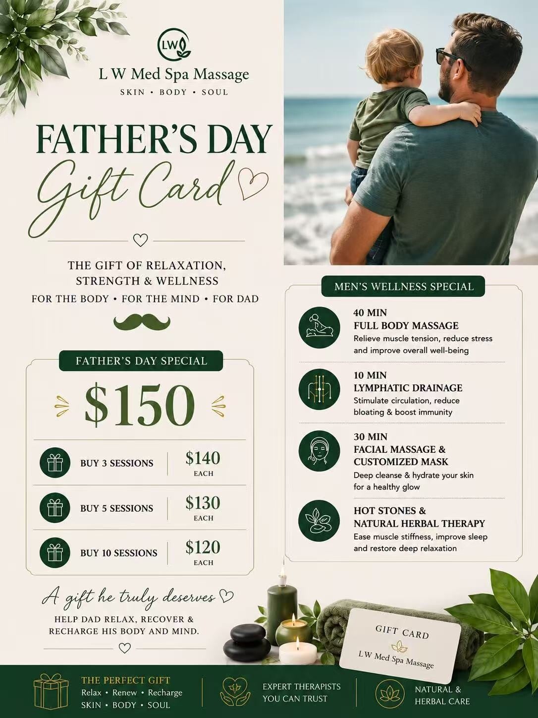 Mother’s Day gift card at L W Med Spa Massage in St. Cloud Orlando featuring full body massage, lymphatic drainage, facial massage, customized mask and spa relaxation package