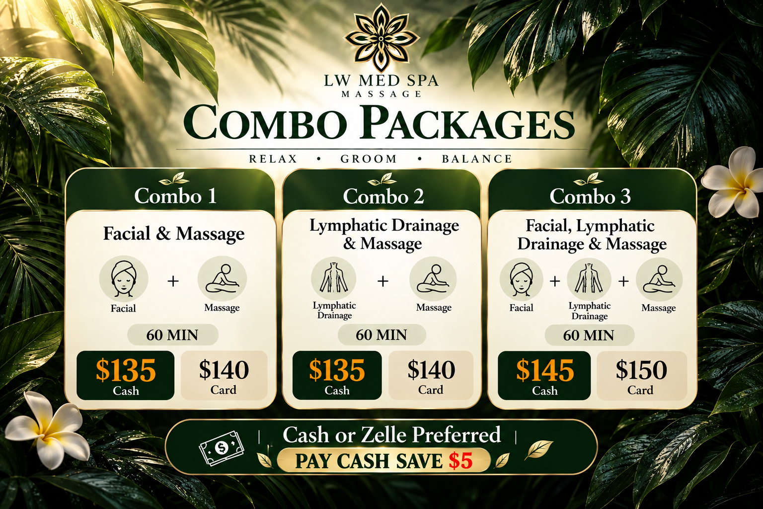 Massage combo packages at L W Med Spa Massage in St. Cloud, FL featuring facial, lymphatic drainage and massage services