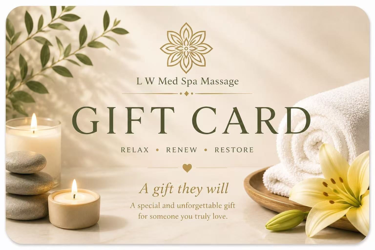 Massage and wellness gift card from L W Med Spa Massage in St. Cloud FL, perfect for lymphatic drainage, therapeutic massage and facial treatments