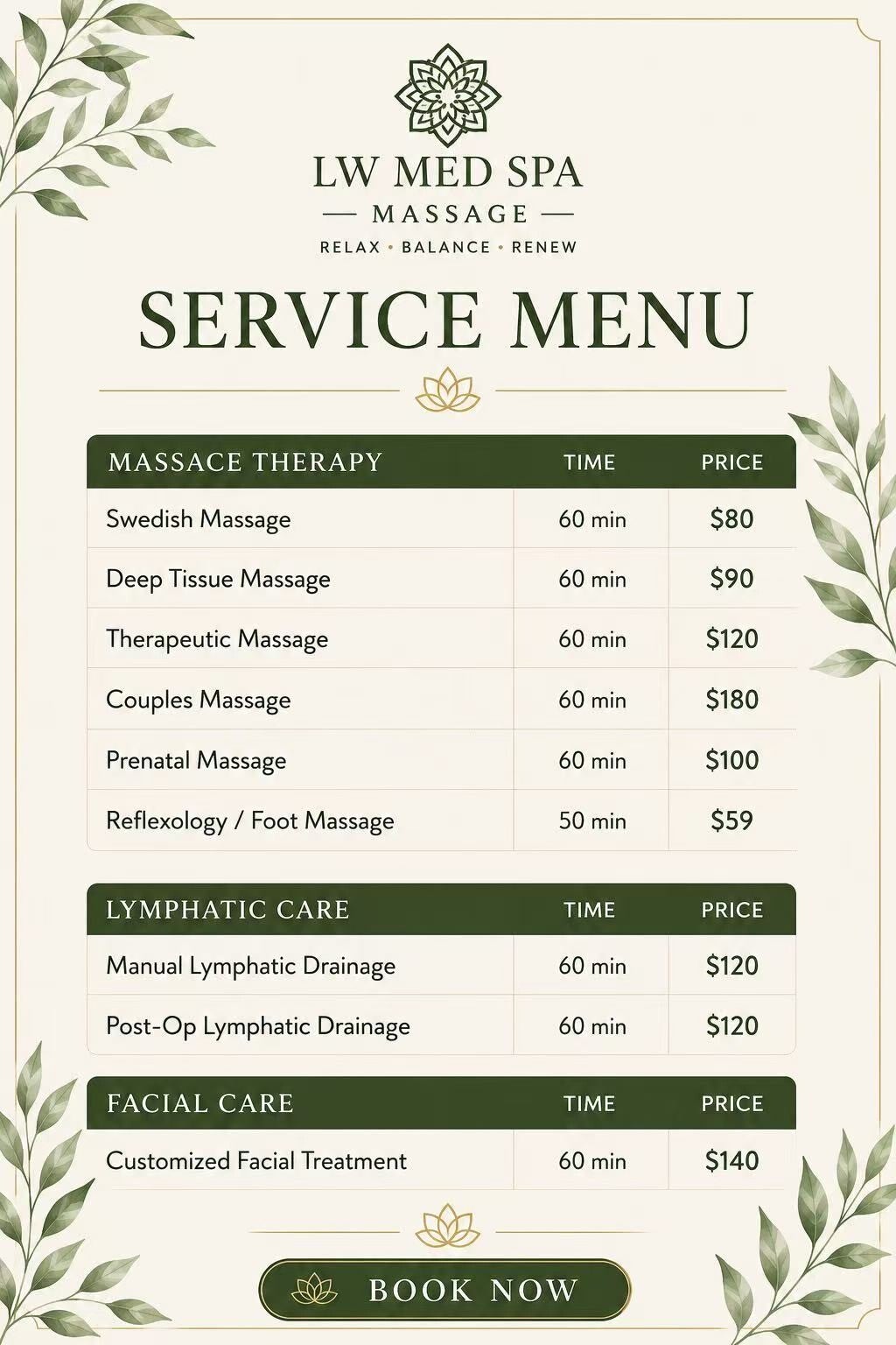 Service menu featuring Manual Lymphatic Drainage, Medical Massage, Therapeutic Massage, Deep Tissue Massage, Reflexology, Prenatal Massage, Facial Treatments, and Wellness Packages at LW Med Spa Massage in St. Cloud, FL serving Lake Nona, Medical City, Ki