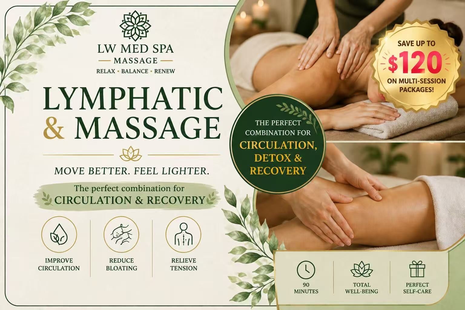 90-minute lymphatic drainage and full body massage to reduce swelling, support recovery, and improve circulation at LW Med Spa Massage in St. Cloud and Lake Nona Florida