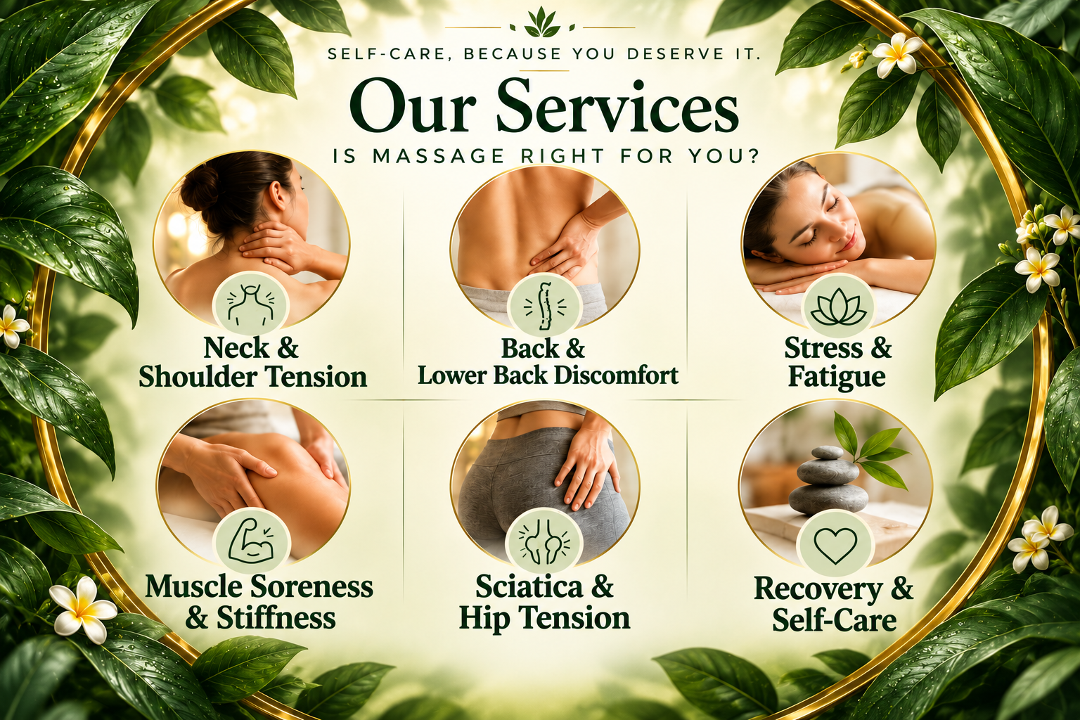 Neck & Shoulder Tension Back & Lower Back Discomfort Stress & Fatigue Muscle Soreness & Stiffness Sciatica & Hip Tension Recovery & Self-Care