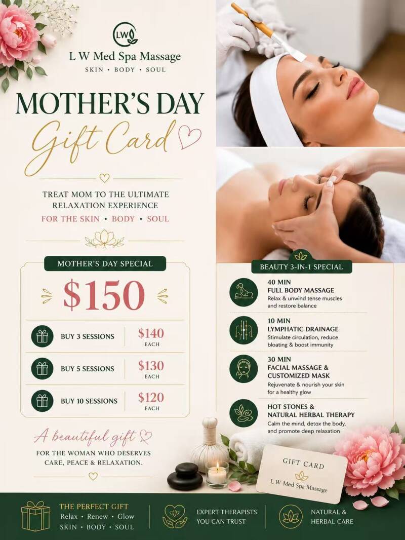 Mother’s Day gift card at L W Med Spa Massage in St. Cloud Orlando featuring full body massage, lymphatic drainage, facial massage, customized mask and spa relaxation package