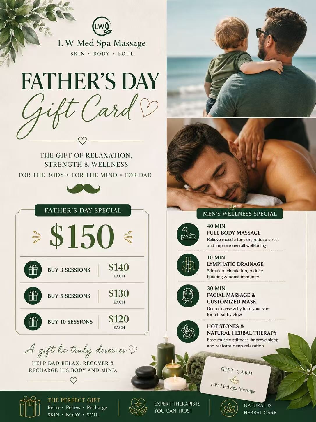 Mother’s Day gift card at L W Med Spa Massage in St. Cloud Orlando featuring full body massage, lymphatic drainage, facial massage, customized mask and spa relaxation package