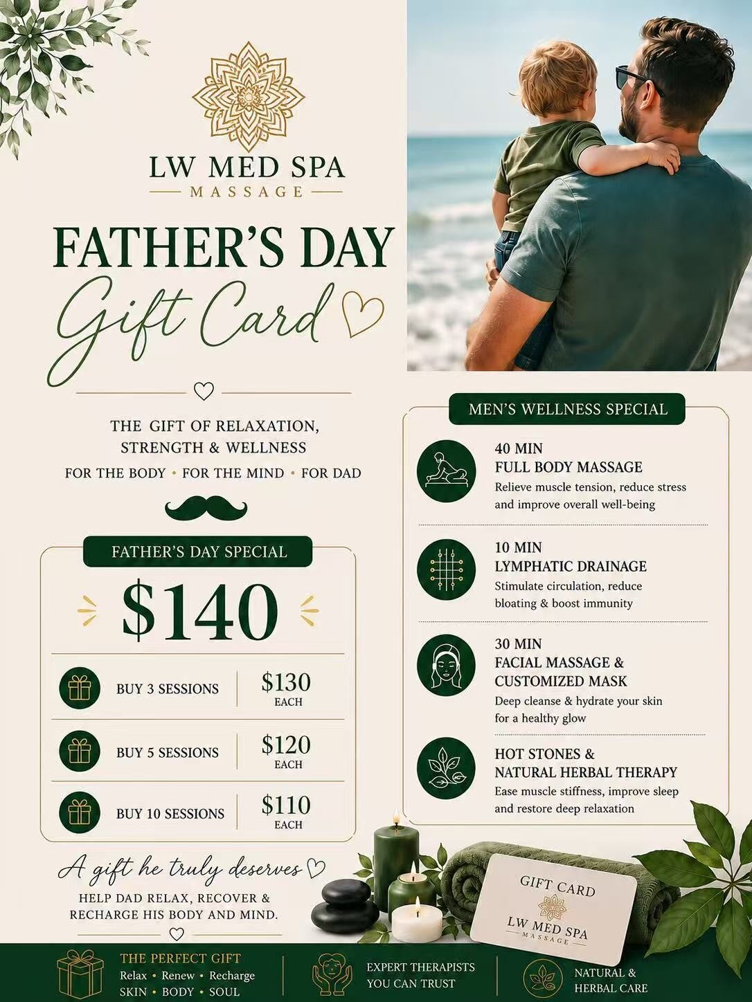 Mother’s Day gift card at L W Med Spa Massage in St. Cloud Orlando featuring full body massage, lymphatic drainage, facial massage, customized mask and spa relaxation package