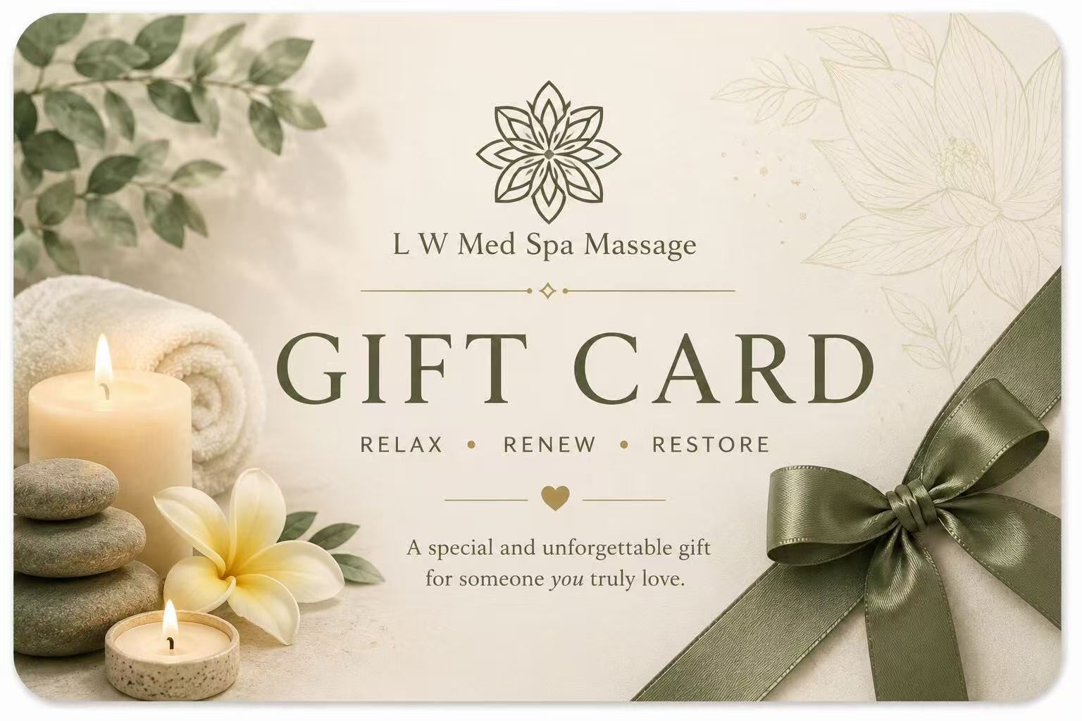 Father’s Day gift card at L W Med Spa Massage in St. Cloud Orlando featuring full body massage, lymphatic drainage, facial massage, customized mask and spa relaxation package
