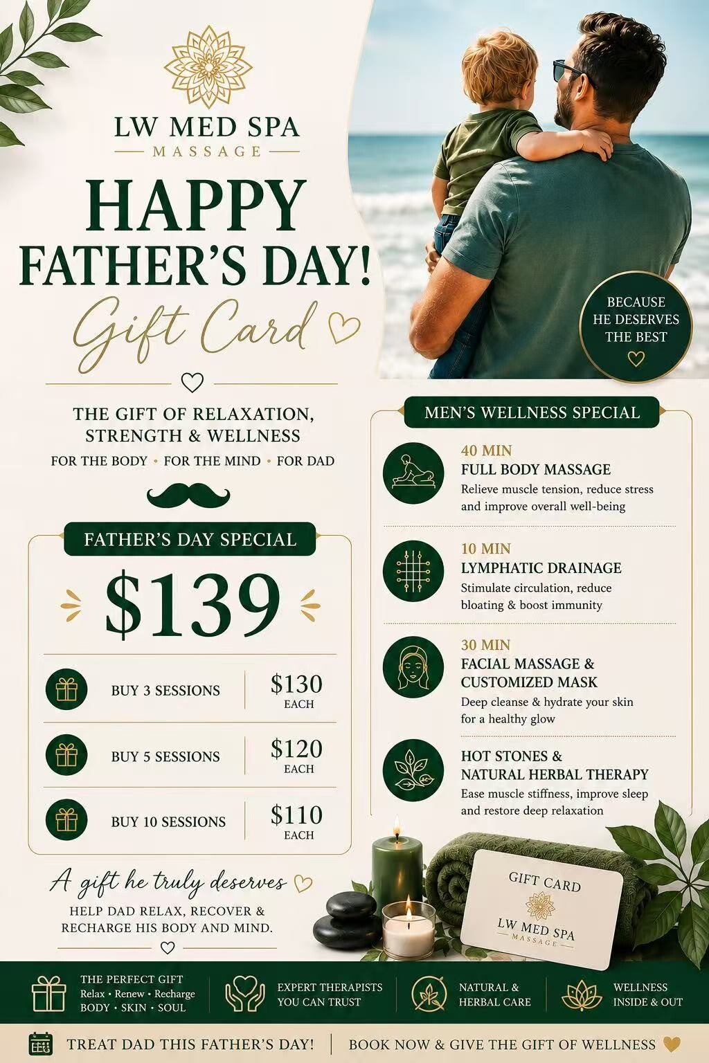 Mother’s Day gift card at L W Med Spa Massage in St. Cloud Orlando featuring full body massage, lymphatic drainage, facial massage, customized mask and spa relaxation package