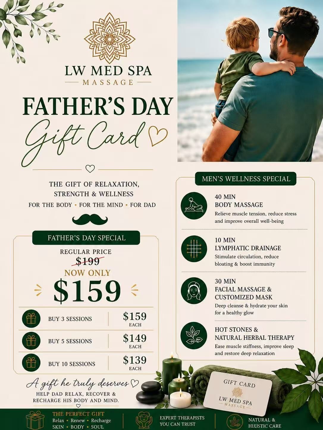 Mother’s Day gift card at L W Med Spa Massage in St. Cloud Orlando featuring full body massage, lymphatic drainage, facial massage, customized mask and spa relaxation package