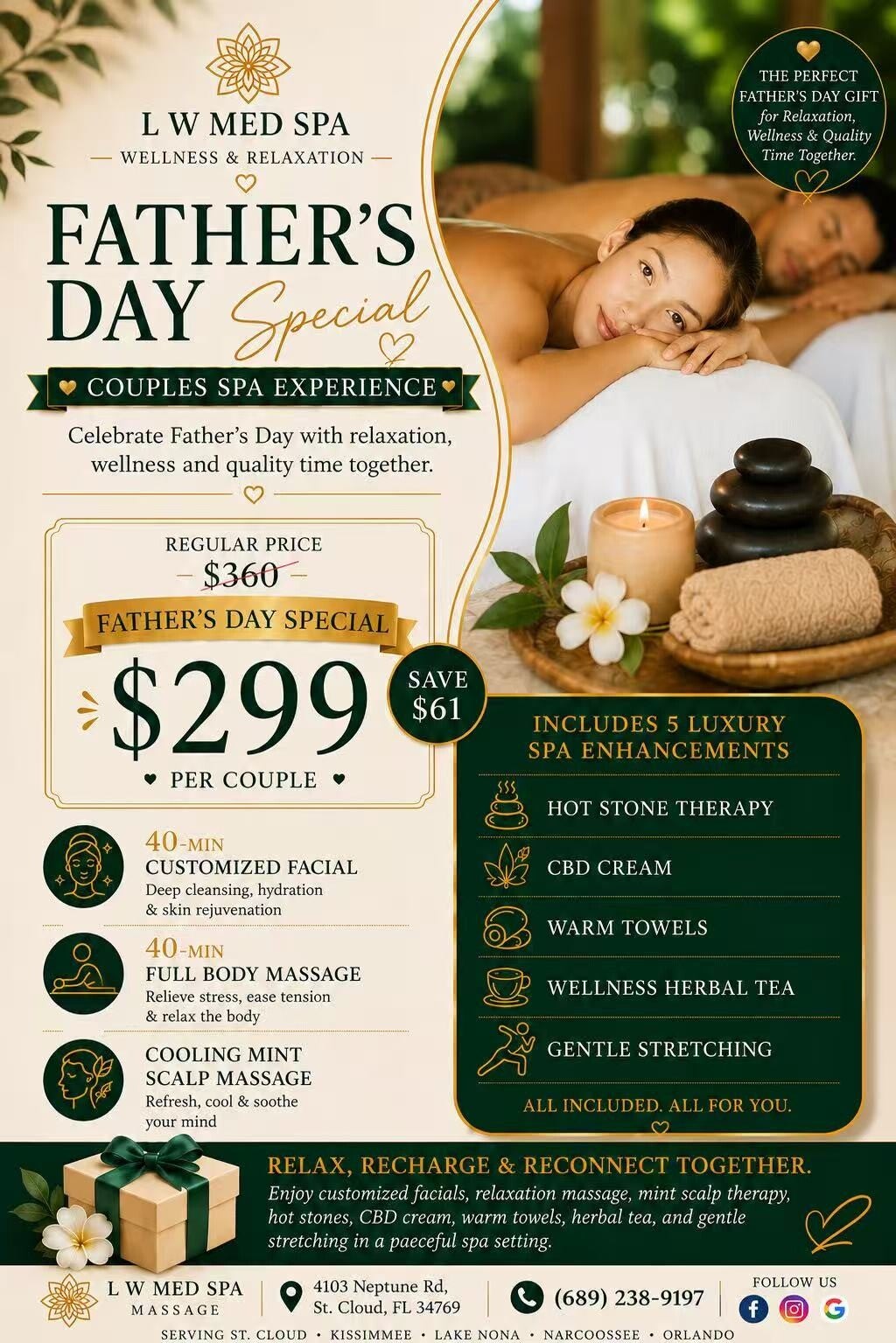 Luxury Couples Massage, Customized Facial, Full Body Massage, Deep Tissue Massage & Spa Gift Cards serving Lake Nona, Kissimmee, Orlando & St. Cloud, Florida.