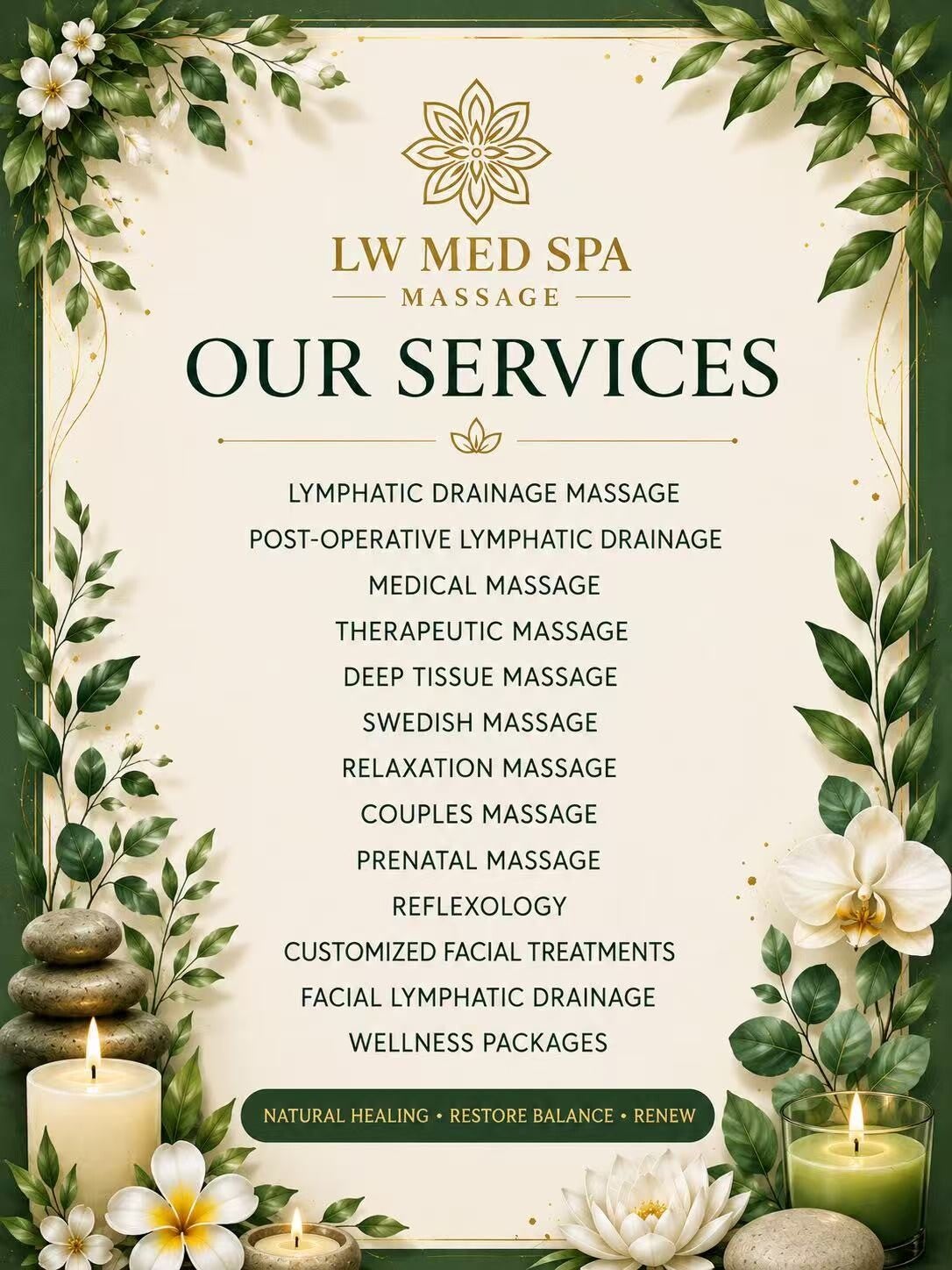 Service menu featuring Manual Lymphatic Drainage, Medical Massage, Therapeutic Massage, Deep Tissue Massage, Reflexology, Prenatal Massage, Facial Treatments, and Wellness Packages at LW Med Spa Massage in St. Cloud, FL serving Lake Nona, Medical City, Ki