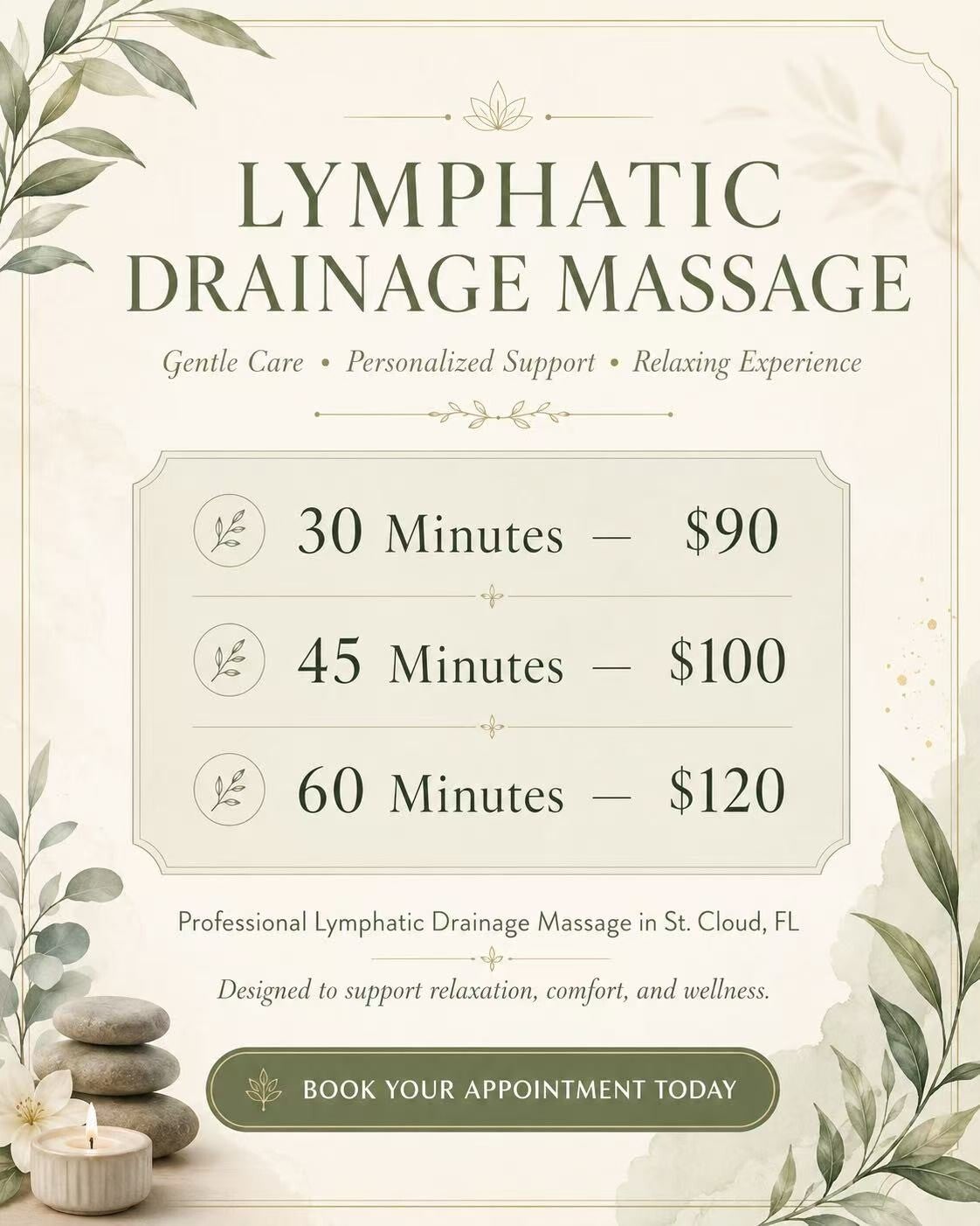 Lymphatic drainage massage pricing in St. Cloud, FL with 30, 45 and 60 minute sessions at LW Med Spa Massage