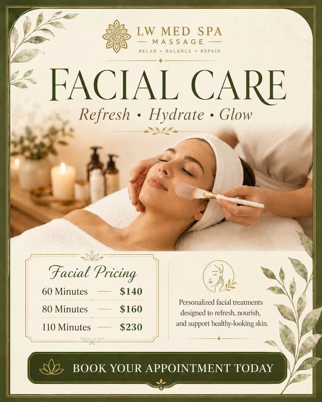 Facial care pricing at LW Med Spa Massage in St. Cloud, FL