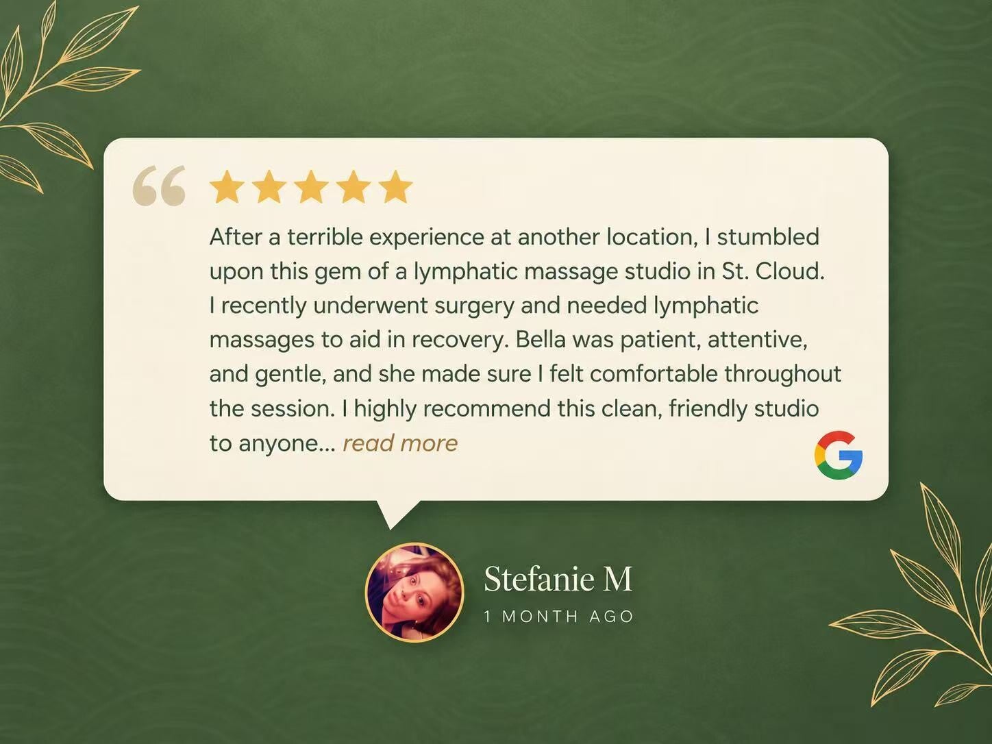 5-star Google review from Stefanie M for L W Med Spa Massage in St. Cloud, FL, praising Bella’s lymphatic drainage massage for post-surgery recovery.