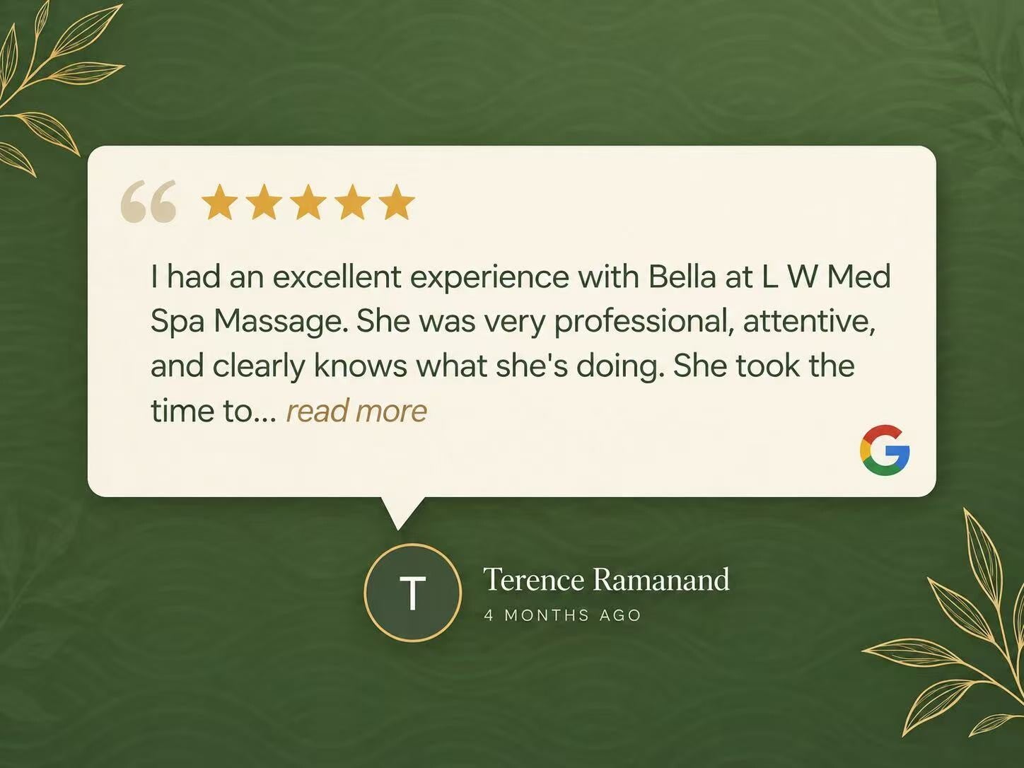 5-star Google review from Terence Ramanand for L W Med Spa Massage, highlighting Bella’s professional, attentive, and high-quality massage care.