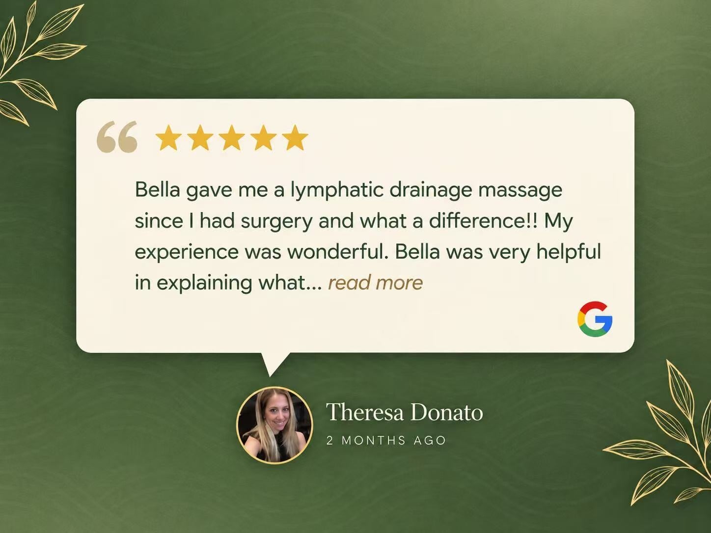 5-star Google review from Theresa Donato for L W Med Spa Massage, sharing a positive experience with lymphatic drainage massage after surgery.