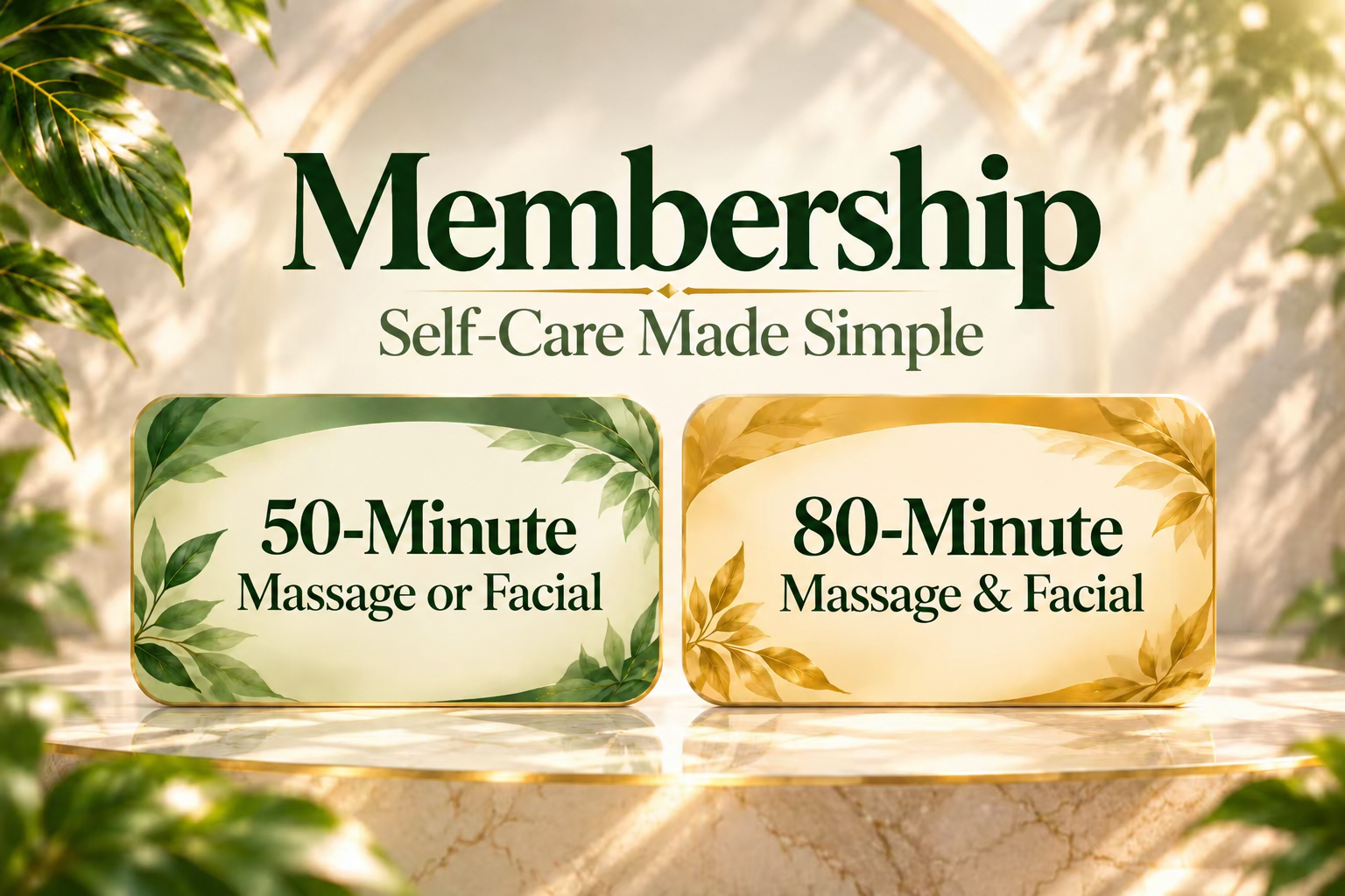 Wellness Membership at LW Med Spa Massage in St. Cloud, FL, featuring monthly 50-minute Swedish massage or basic facial and 80-minute massage and facial membership options.