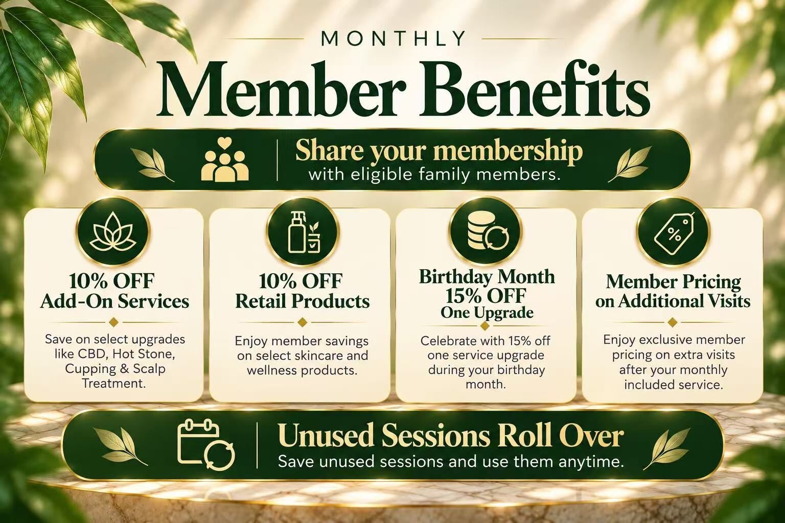 LW Med Spa Massage membership benefits in St. Cloud, FL, for massage therapy, lymphatic drainage massage, therapeutic massage, and wellness services, including family sharing, member discounts, birthday savings, and unused session rollover.