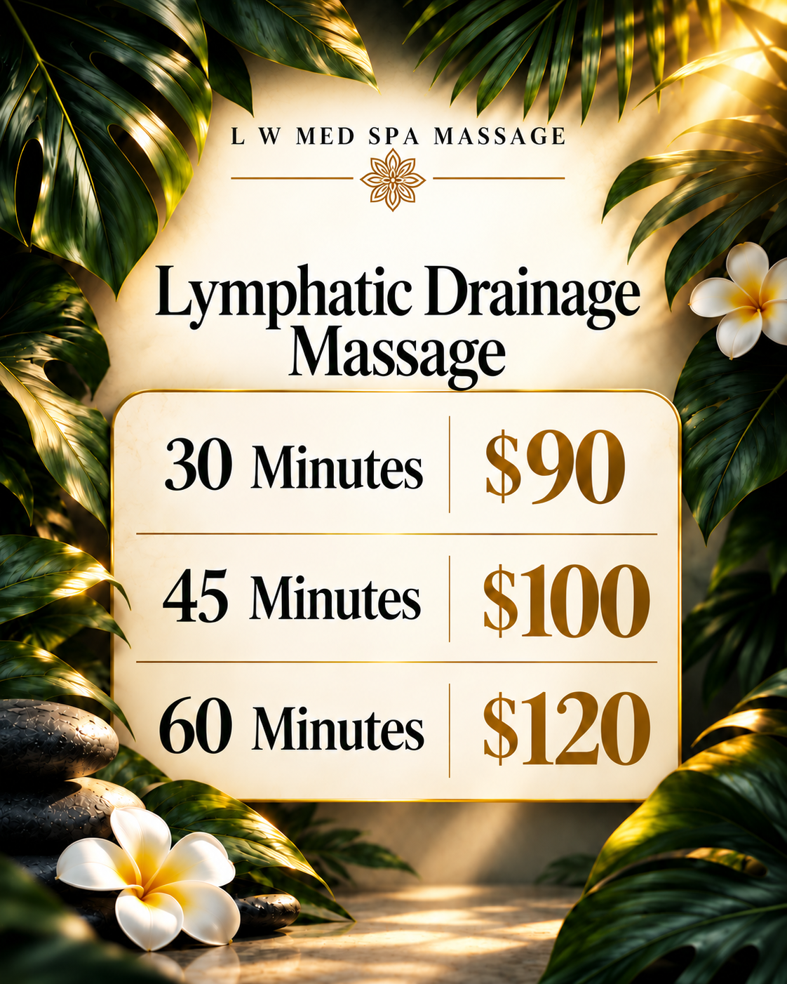 Lymphatic drainage massage pricing in St. Cloud, FL with 30, 45 and 60 minute sessions at LW Med Spa Massage