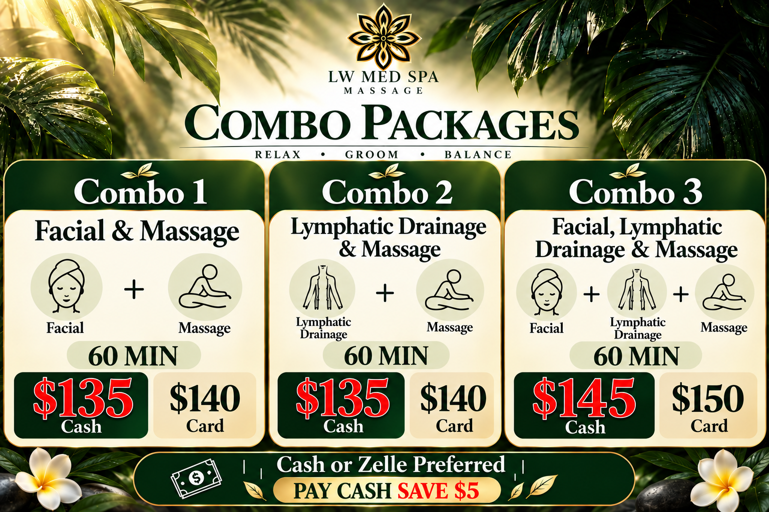 Massage combo packages at L W Med Spa Massage in St. Cloud, FL featuring facial, lymphatic drainage and massage services