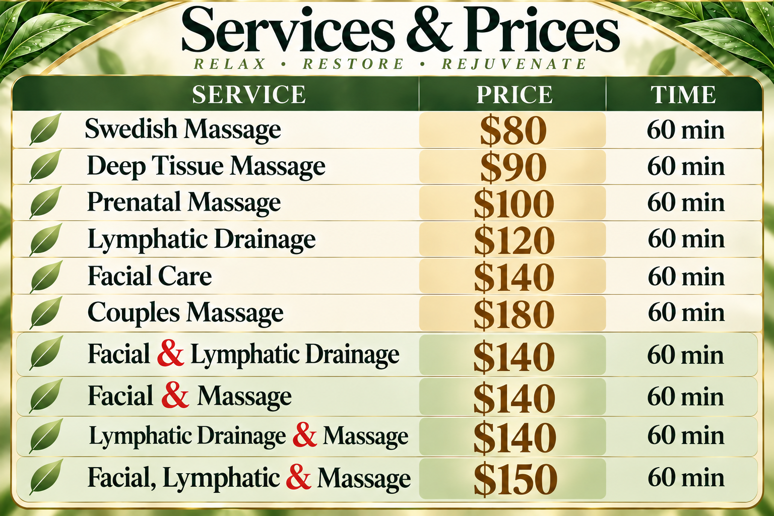 Service menu featuring Manual Lymphatic Drainage, Medical Massage, Therapeutic Massage, Deep Tissue Massage, Reflexology, Prenatal Massage, Facial Treatments, and Wellness Packages at LW Med Spa Massage in St. Cloud, FL serving Lake Nona, Medical City, Ki