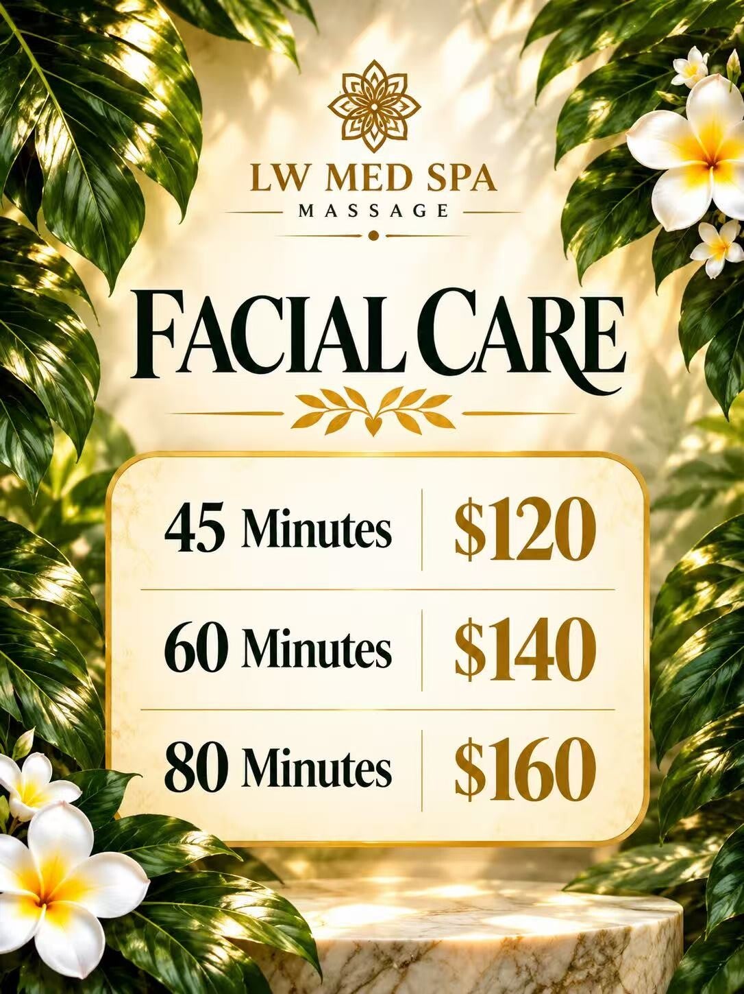 Facial care pricing at LW Med Spa Massage in St. Cloud, FL