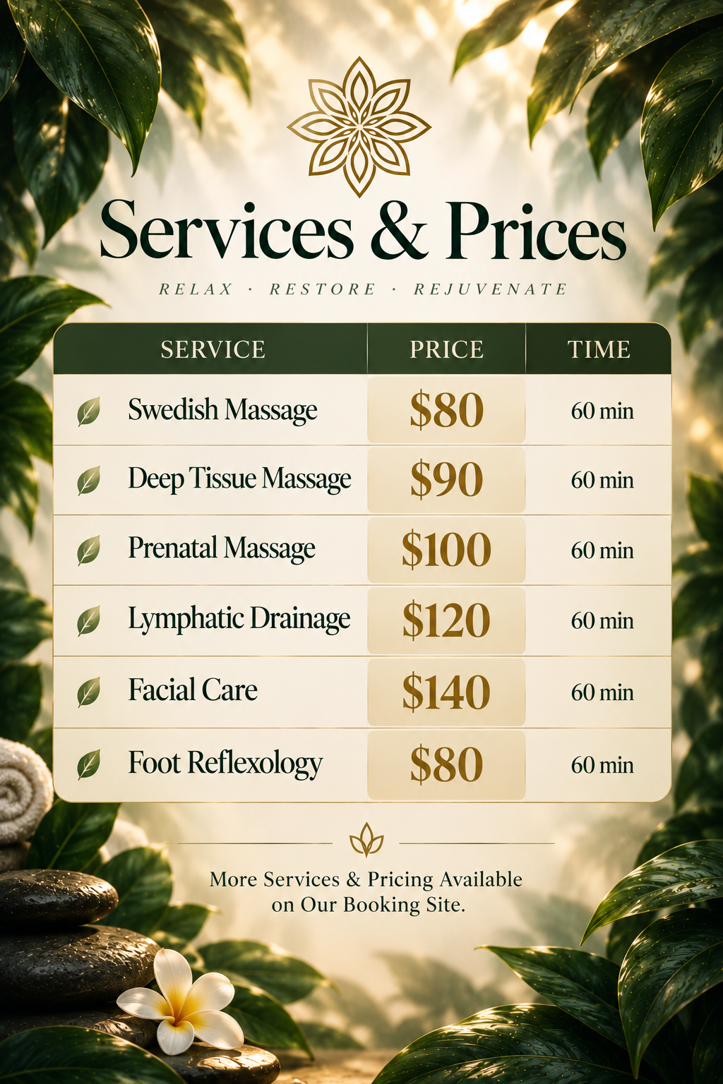 Service menu featuring Manual Lymphatic Drainage, Medical Massage, Therapeutic Massage, Deep Tissue Massage, Reflexology, Prenatal Massage, Facial Treatments, and Wellness Packages at LW Med Spa Massage in St. Cloud, FL serving Lake Nona, Medical City, Ki