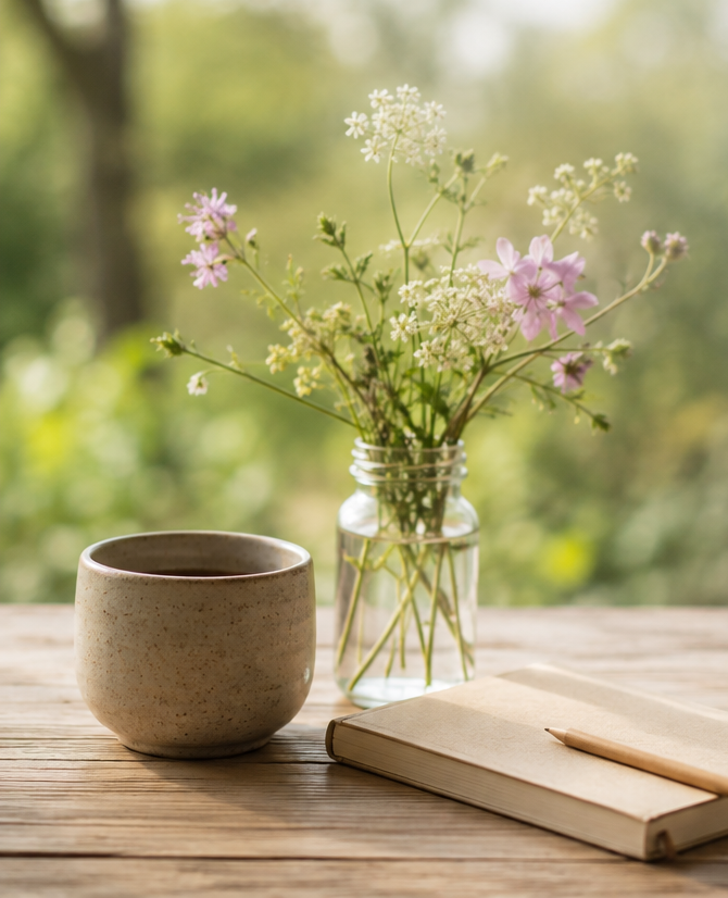 Bloemen, koffie en aantekeningenboekje.