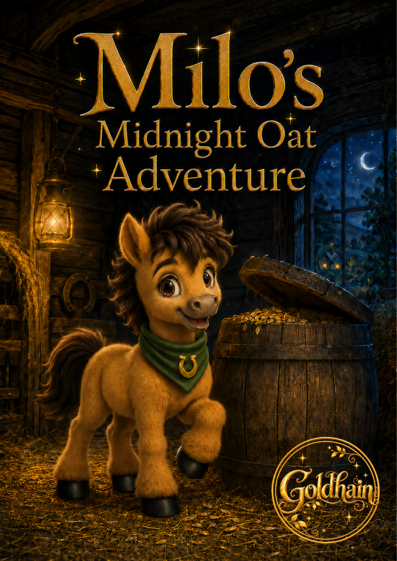 Cover of “Milo’s Midnight Oat Adventure”, showing Milo beside an open oat barrel in the moonlit Goldhain stables.