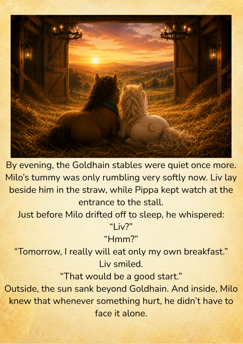 9. Milo and Liv lie side by side in the straw, looking through the open stable doors towards the golden Goldhain sunset. 
