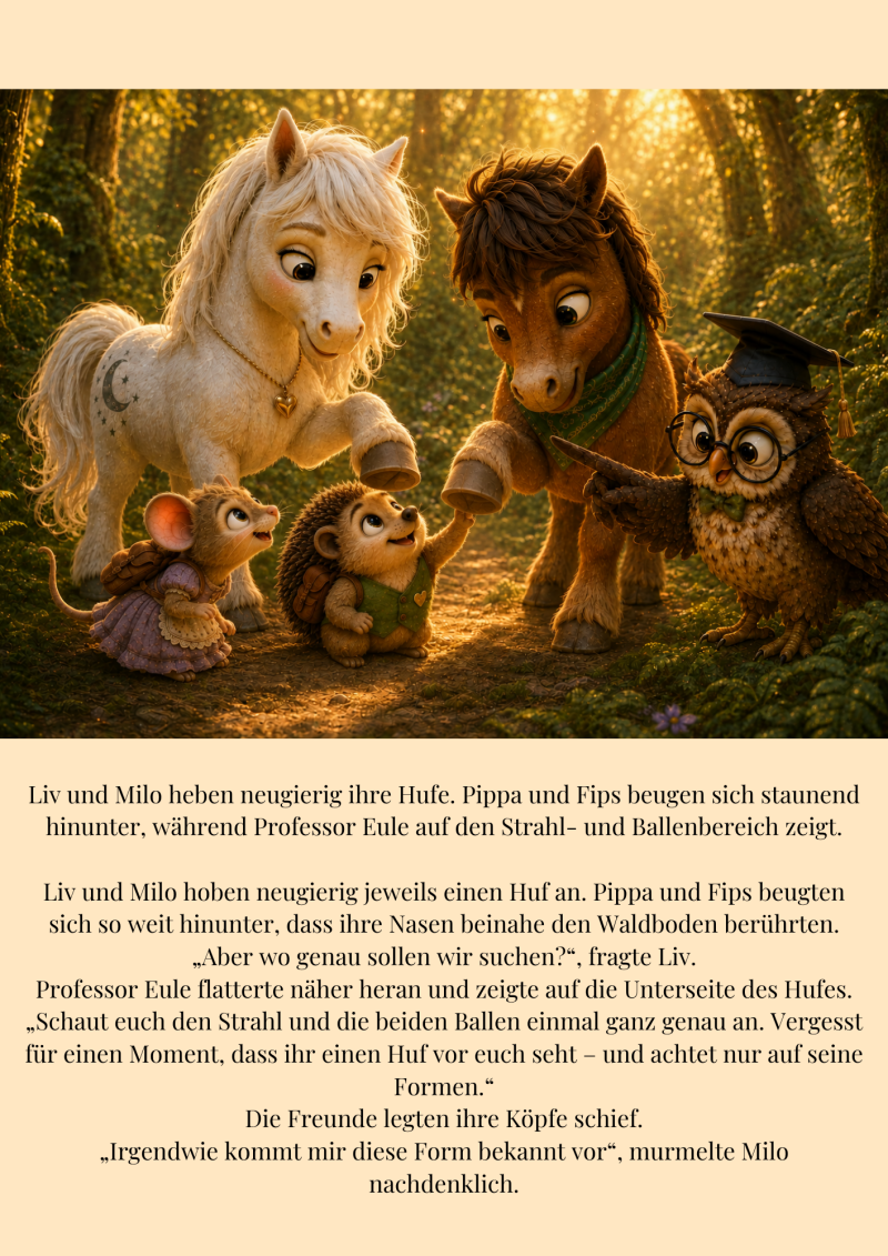 Liv und Milo heben neugierig jeweils einen Huf, während Pippa und Fips staunend darunterblicken. Professor Eule zeigt auf den Strahl- und Ballenbereich und lädt die Freunde ein, die Formen unter dem Huf genauer zu entdecken. 